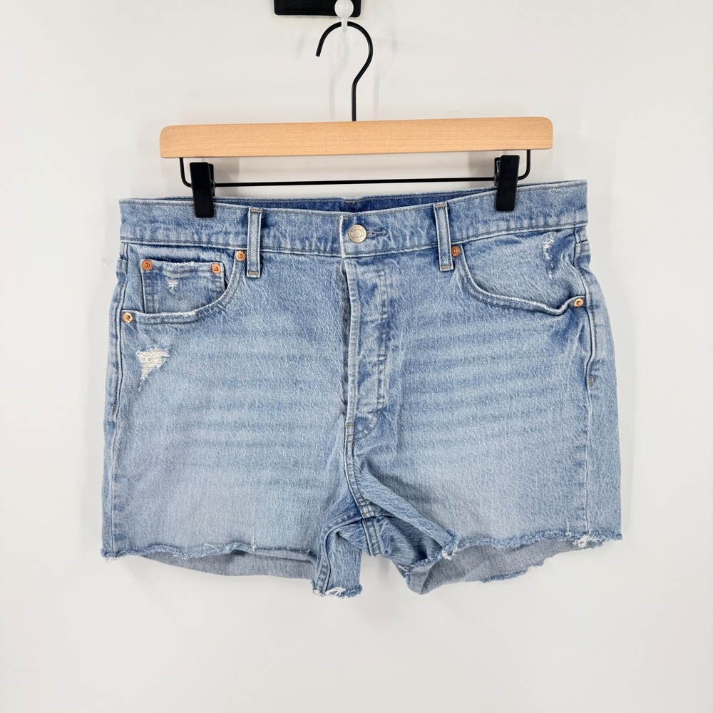 GAP Cheeky Straight High Rise Denim Shorts Light Blue 14R Distressed Cutoff
